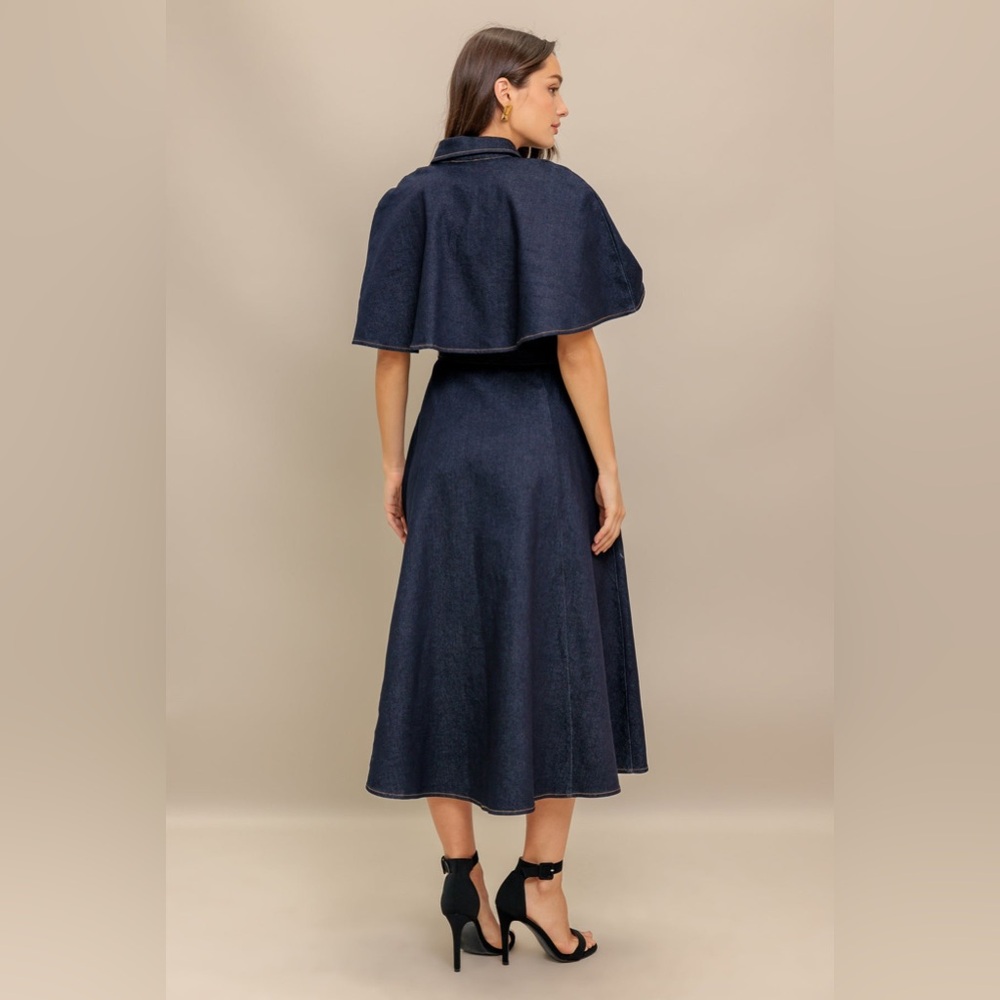 Stylish Navy Button-Up Cape Dress - Picture 9 of 10